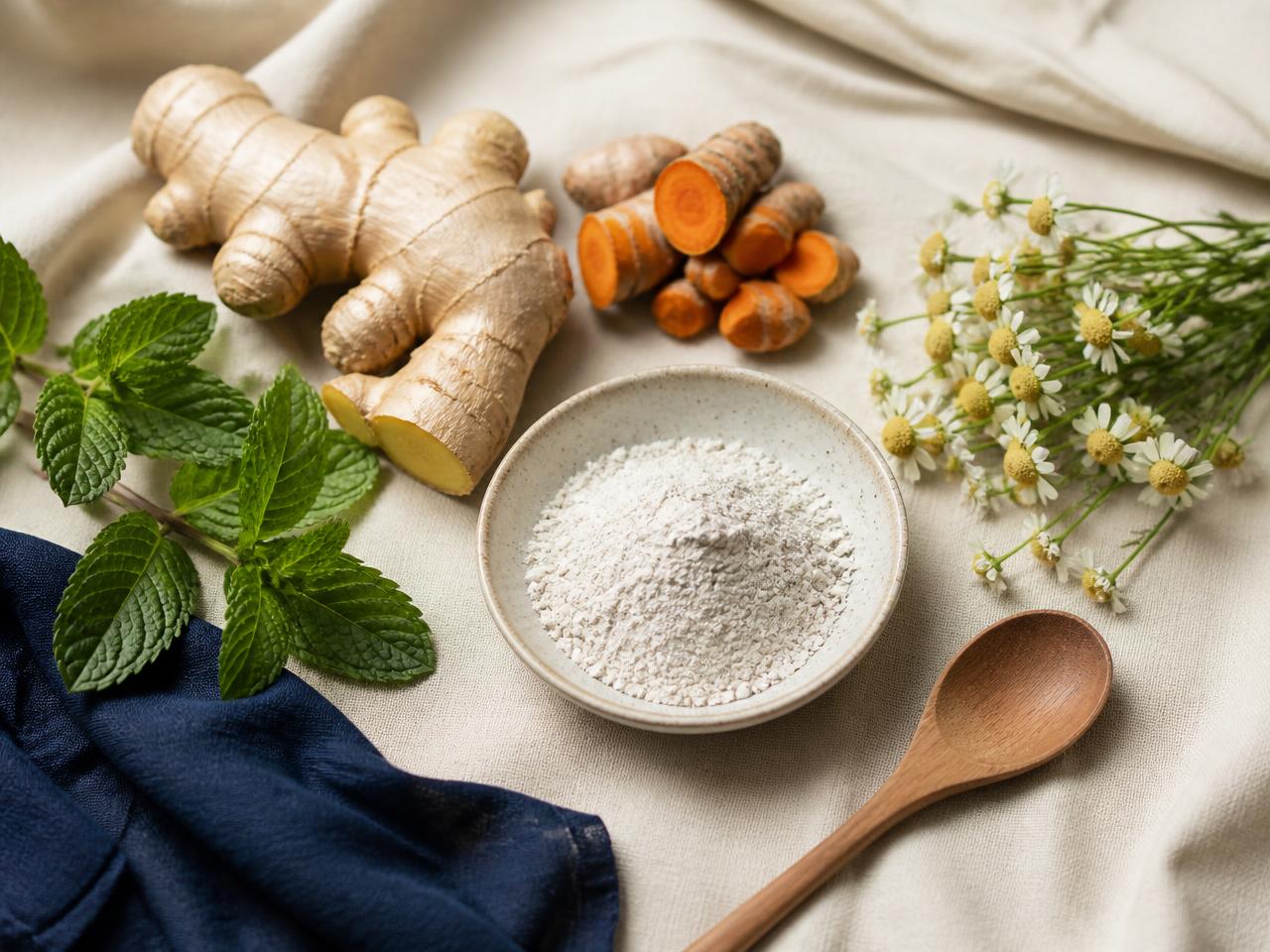 Ginger root, turmeric, peppermint leaves, chamomile flowers and a dish of powder on cream linen